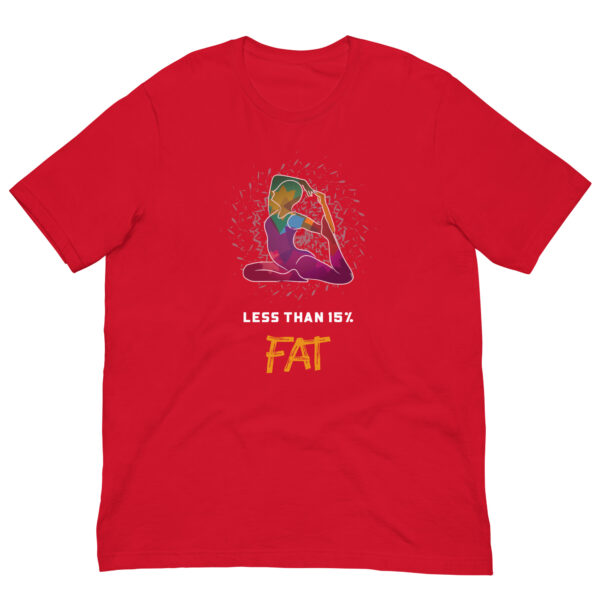 Red T-shirt with yoga silhouette graphic.