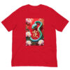 Red T-shirt with 2025 snake design and flowers.