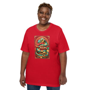 Red T-shirt with 2025 snake design.