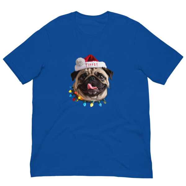 Christmas pug design on blue T-shirt