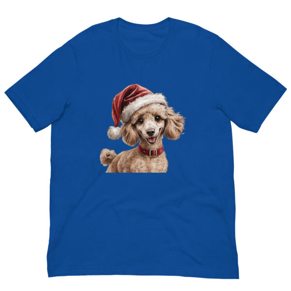 Blue t-shirt with festive poodle in Santa hat.