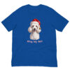 Poodle in Santa hat on blue t-shirt.