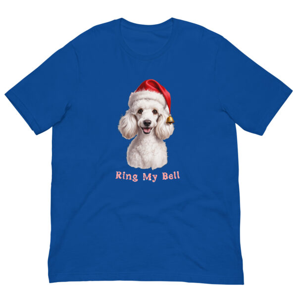 Poodle in Santa hat on blue t-shirt.