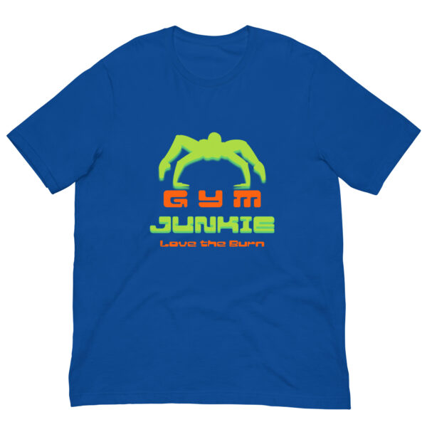 Blue T-shirt with 'Gym Junkie' design.