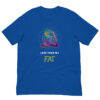 Blue t-shirt with yoga graphic and slogan.