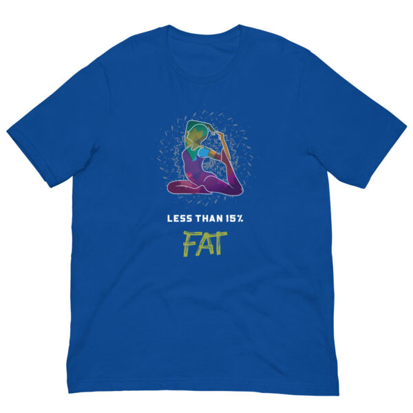 Blue t-shirt with yoga graphic and slogan.