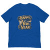 Blue T-shirt with 'Happy New Year' design.