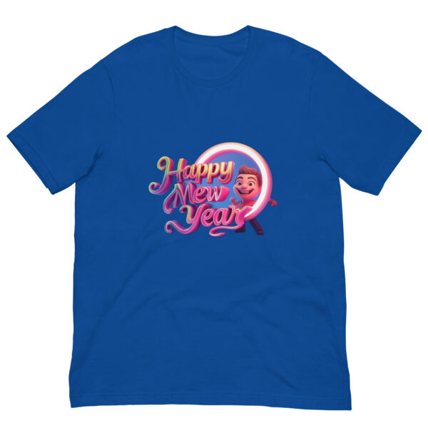 Blue T-shirt with 'Happy New Year' design.