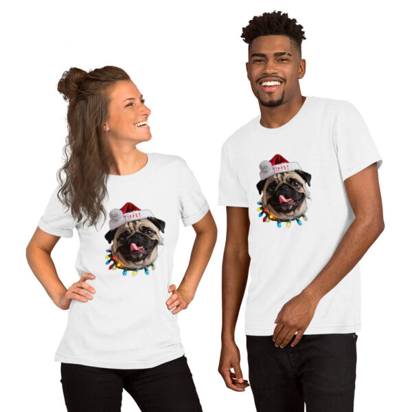 Couple wearing pug-themed Christmas T-shirts