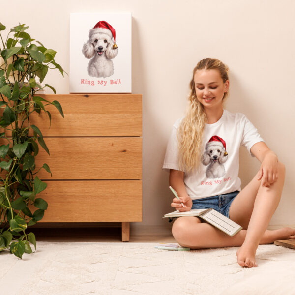 Woman with notes, dog print on shirt and poster