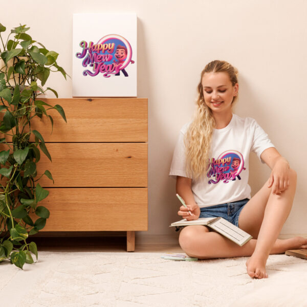 Woman smiling with New Year artwork and notebook.