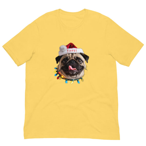 Yellow t-shirt with pug wearing Santa hat.