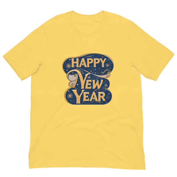 Yellow T-shirt with 'Happy New Year' design.