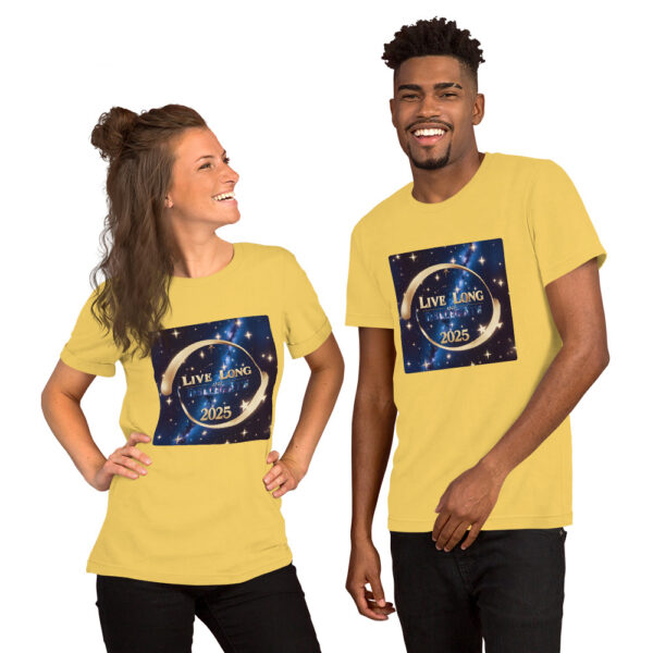 Couple wearing yellow 'Live Long' 2025 T-shirts