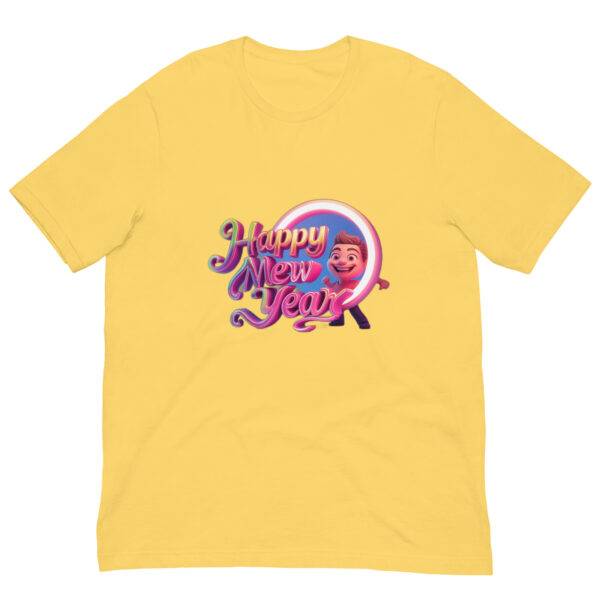 Yellow T-shirt with Happy New Year cartoon design.